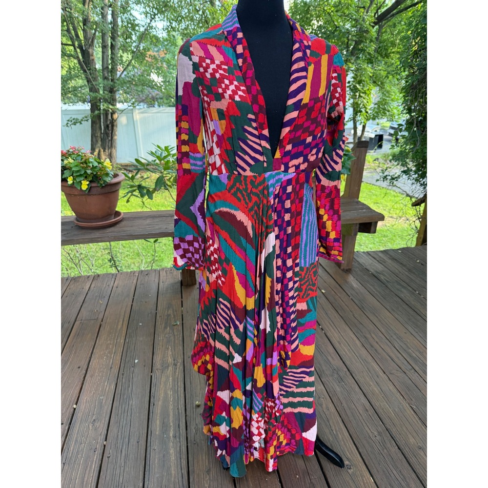 Farm Rio Mixed Abstract Print Maxi Dress V-Neck Long Sleeve Multi-Color Large - Picture 2 of 16